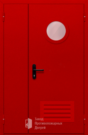 Фото двери «Полуторная с круглым стеклом и решеткой (красная)» в Рошале